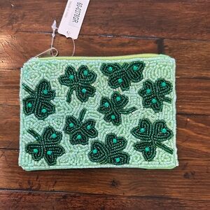 Green Beaded Shamrock Pouch 3.3x5 inches